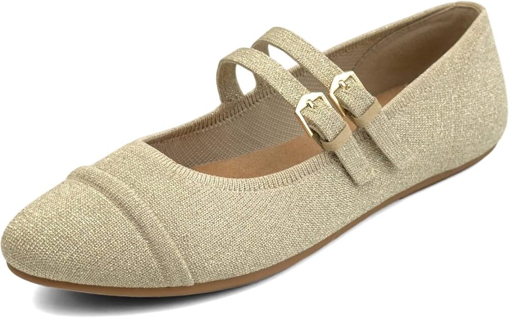 Aerosoles Britt Double Strap Mary Jane Shimmer Knit Ballet Flats Champagne Gold
